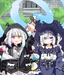  2girls absurdres arm_up artist_painter beret black_jacket blue_dress blue_hairband blunt_bangs bow dash_b drawing_on_air dress frilled_dress frills gothic_lolita hair_over_one_eye hairband hat heterochromia highres holding holding_paintbrush holding_umbrella jacket jogasaki_noah lolita_fashion lolita_hairband long_hair long_sleeves looking_up magic magical_girl mahou_shoujo_no_majo_saiban multi-tied_hair multicolored_hair multiple_girls natsume_an-an neck_ribbon one_side_up open_mouth outstretched_arm paintbrush painting_(action) polka_dot polka_dot_bow rain ribbon sleeves_past_fingers sleeves_past_wrists sparkle streaked_hair umbrella very_long_hair violet_eyes white_hair yellow_eyes 