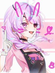  1girl :d ahoge black_choker black_overalls blunt_bangs braid choker chromatic_aberration commentary drawn_ears drawn_heart drawn_whiskers eyepatch face_filter floating_hair gloves hair_over_one_eye heart heart_ahoge highres index_finger_raised long_hair looking_at_viewer low_twin_braids maria_marionette maria_marionette_(farmer) multicolored_hair myaak12_a nijisanji nijisanji_en official_alternate_costume official_alternate_hairstyle open_mouth overalls pink_background pink_hair pink_shirt pink_streaks purple_streaks shirt smile solo streaked_hair swept_bangs teeth twin_braids two-tone_background untranslatable_commentary upper_body upper_teeth_only vignetting violet_eyes virtual_youtuber white_background white_gloves 