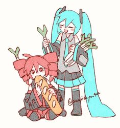  2girls :d ahoge aqua_hair aqua_necktie aqua_trim artist_name baguette bare_shoulders black_boots black_shirt black_skirt black_sleeves blush boots bread closed_eyes collared_shirt detached_sleeves double-parted_bangs drill_hair eating food food_in_hair full_body grey_shirt hair_between_eyes hair_ornament hato_no_mune_wo_momitai hatsune_miku holding holding_food holding_spring_onion holding_vegetable kasane_teto kasane_teto_(utau) long_hair multiple_girls necktie pleated_skirt red_eyes red_hair red_trim shirt shoulder_blush sidelocks simple_background skirt sleeveless sleeveless_shirt smile spring_onion thigh_boots twin_drills twintails twitter_username utau vegetable very_long_hair vocaloid white_background wide_sleeves wing_collar zettai_ryouiki 