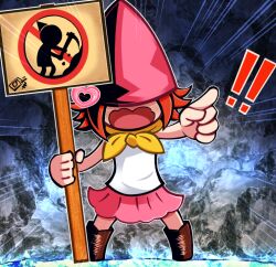  ! !! 1girl ascot boots brown_boots cave commentary covered_eyes duel_monster gnomaterial gnome highres holding holding_sign nozaki_(user_eujy3775) open_mouth pink_skirt pointing red_hair rock shirt shouting sign skirt sleeveless solo white_shirt yellow_ascot yu-gi-oh! 