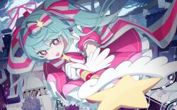  1girl absurdres aqua_hair commentary_request dress gloves hair_between_eyes hairband hatsune_miku highres holding holding_wand ima_sugu_rinne_(vocaloid) long_hair looking_at_viewer magical_girl multicolored_eyes open_mouth pink_dress pink_hairband short_sleeves solo star-shaped_pupils star_(symbol) star_wand symbol-shaped_pupils twintails vocaloid wand white_gloves yuuki_mihane 