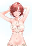  1girl absurdres armpits arms_up bikini breasts brown_hair cl_(summer_sama) closed_mouth collarbone commentary_request eyebrows_visible_through_hair eyes_visible_through_hair floral_print front-tie_bikini front-tie_top hair_tie_in_mouth halter_top halterneck hand_in_hair highres higuchi_madoka idolmaster idolmaster_shiny_colors looking_at_viewer medium_breasts mole mole_under_eye mouth_hold navel pink_eyes print_bikini simple_background solo stomach swimsuit tying_hair white_background 