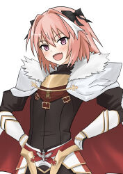  1boy absurdres armor astolfo_(fate) black_bow black_dress blush bow braid braided_ponytail cape check_commentary commentary_request cowboy_shot crossdressing crossdressing_(mtf) dot_nose dress fang fate/grand_order fate_(series) faulds fur-trimmed_cape fur_trim gauntlets hair_bow hair_intakes hands_on_own_hips highres long_hair looking_at_viewer multiple_hair_bows nagu_78201 open_mouth pink_hair puffy_sleeves red_cape short_dress simple_background single_hair_streak skin_fang smile trap two-tone_cape violet_eyes white_background white_cape white_hair 