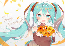  1girl absurdres birthday blue_eyes blue_hair blurry blurry_background blush collared_shirt commentary_request dated detached_sleeves falling_petals flower hair_ribbon happy_birthday hatsune_miku headset highres holding holding_flower long_hair long_sleeves looking_at_viewer open_mouth petals ribbon shirt sleeveless sleeveless_shirt smile solo sorami twintails very_long_hair vocaloid 