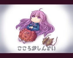 1girl :| blue_shirt broken_mask buttons closed_mouth commentary_request full_body hata_no_kokoro jitome letterboxed long_hair mask new_mask_of_hope no_pupils one-hour_drawing_challenge orange_skirt pink_hair plaid_clothes plaid_shirt shirt shoes skirt skirt_cutout solo touhou translation_request unime_seaflower vignetting white_background white_shoes 