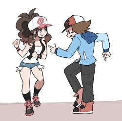  1boy 1girl blue_jacket brown_hair commentary cutoffs dancing denim denim_shorts english_commentary hat highres hilbert_(pokemon) hilda_(pokemon) jacket let's_groove_dance_(meme) meme poke_ball_print pokemon pokemon_black_and_white shorts sweatband touyarokii 