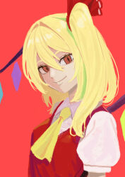  1girl absurdres ascot blonde_hair closed_mouth collared_shirt commentary crystal crystal_wings ddok flandre_scarlet hair_between_eyes hair_ribbon highres missing_headwear multicolored_wings one_side_up puffy_short_sleeves puffy_sleeves red_background red_eyes red_vest ribbon shirt short_sleeves simple_background smile solo touhou upper_body vest white_shirt wings yellow_ascot 