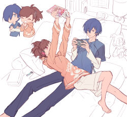  1boy 1girl absurdres blue_eyes blue_hair brown_hair character_doll chibi closed_eyes closed_mouth commentary_request doll hair_over_one_eye handheld_game_console happy highres holding holding_handheld_game_console holding_manga indoors jack_frost_(megami_tensei) lying manga_(object) on_bed persona persona_3 persona_3_portable playstation_portable ponytail reading red_hair shiomi_kotone short_hair smile tsubsa_syaoin yuuki_makoto_(persona_3) 