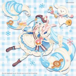  1girl :d absurdres apron beret blue_background blue_bow blue_dress blue_hair blush boots bow brown_boots brown_hat commentary cookie_hair_ornament double-parted_bangs dress english_commentary food-themed_hair_ornament footwear_bow frilled_apron frills full_body green_eyes hair_between_eyes hair_ornament hat hatsune_miku highres lace-up_boots long_hair long_sleeves looking_at_viewer minhon musical_note-themed_food necktie open_mouth outstretched_arm pantyhose pink_bow pink_necktie rabbit_yukine smile solo striped_clothes striped_pantyhose twintails twitter_username very_long_hair vocaloid watermark white_apron white_pantyhose wide_sleeves yuki_miku yuki_miku_(2026) 