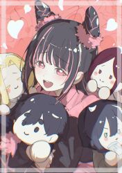  1girl :d aijou_rentarou black_hair blunt_bangs blush character_doll chromatic_aberration commentary cone_hair_bun doll double_bun hair_bun hair_ornament hair_scrunchie haraga_kurumi heart heart-shaped_pupils highres kimi_no_koto_ga_dai_dai_dai_dai_daisuki_na_100-nin_no_kanojo long_hair looking_at_viewer morikita_kimari multicolored_hair open_mouth pink_eyes pink_hair pink_scrunchie pink_shirt red_background retter_art round_teeth scrunchie shirt smile solo streaked_hair symbol-shaped_pupils teeth two-tone_hair upper_teeth_only usami_shiina utsukushisugi_mimimi 