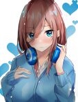  1girl absurdres blue_eyes blue_jacket blush brown_hair closed_mouth collared_shirt commentary_request eyebrows_visible_through_hair eyes_visible_through_hair go-toubun_no_hanayome hand_on_own_chest hands_up headphones headphones_around_neck heart highres jacket long_hair long_sleeves looking_at_viewer nakano_miku nanashinayuzu_mochi shirt simple_background sleeves_past_wrists solo upper_body white_shirt 