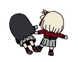  2girls black_hair blonde_hair blue_socks brown_shoes chibi chibi_only commentary_request falling from_behind hair_ribbon imigimuru inoue_takina long_hair lycoris_recoil lycoris_uniform multiple_girls nishikigi_chisato one_side_up outstretched_arms red_eyes ribbon shoes short_hair simple_background socks spread_arms white_background 