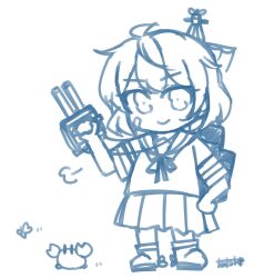  1girl adapted_turret artist_name bandaid bandaid_on_face blue_theme chibi commentary_request crab hand_on_own_hip highres kantai_collection lineart looking_at_viewer oboro_(kancolle) pleated_skirt puff_of_air rigging sailor_collar sailor_shirt school_uniform serafuku shirt skirt smile solo standing tatahai 