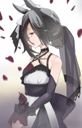  1girl absurdres ahoge animal_ears bare_shoulders black_flower black_hair black_rose blush breasts choker closed_mouth collarbone detached_sleeves dress dress_flower ear_ornament ear_ribbon flower frilled_cuffs frilled_veil grey_veil hair_between_eyes hair_bun highres horse_ears horse_girl lace-trimmed_choker lace_trim long_hair_between_eyes manhattan_cafe_(mysterious_rose)_(umamusume) manhattan_cafe_(umamusume) multicolored_hair ribbon rose see-through_clothes see-through_veil small_breasts smile solo two-tone_flower umamusume veil waist_ribbon white_dress white_ribbon yellow_eyes yin_lan- 