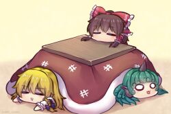  3girls :3 blonde_hair blush bow braid brown_hair closed_eyes commentary_request frilled_bow frilled_hair_tubes frills hair_bow hair_tubes hakurei_reimu head_on_table horns kirisame_marisa komainu_girl komano_aunn kotatsu long_hair lying multiple_girls number_sign o_o on_stomach one-hour_drawing_challenge ponytail purple_bow red_bow sidelocks single_braided_sidelock single_horn table tongue tongue_out touhou triangle_mouth under_kotatsu under_table unime_seaflower yellow_background 