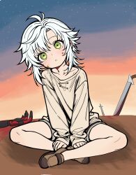 absurdres antenna_hair brown_shoes dirty dirty_face eiyuu_densetsu fie_claussell green_eyes highres legs looking_at_viewer open_mouth sen_no_kiseki_(series) shirt shoes short_hair simple_background sitting takuu_(seadog6662) traumatized white_hair white_shirt 