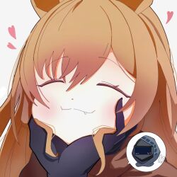  1girl 1other ^_^ arknights black_gloves blush brown_hair ceobe_(arknights) closed_eyes closed_mouth commentary_request doctor_(arknights) fang fang_out gloves hair_between_eyes hand_on_another's_cheek hand_on_another's_chin hand_on_another's_face heart highres korotto long_hair pov pov_hands simple_background smile split_mouth spoken_character white_background 