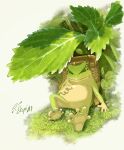  artist_name basket frog grass hachiya_shohei highres leaf looking_at_viewer no_humans original outdoors plant sitting white_background 