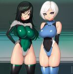  2girls arms_behind_back artist_name bare_shoulders black_eyes blue_eyes borrowed_character breasts commentary commission covered_navel elbow_gloves english_commentary eyebrows_visible_through_hair eyes_visible_through_hair gloves gradient_hair green_eyes green_hair hand_on_hip highleg impossible_clothes impossible_leotard kuroonehalf large_breasts leotard long_hair looking_at_viewer multicolored_hair multiple_girls original parted_lips short_hair skin_tight smile thigh-highs white_hair 