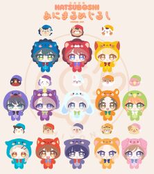 6+girls :3 :d amaya_tsubame animal_costume animal_ears animal_hood arimura_mao black_hair blonde_hair blue_eyes brown_background brown_eyes brown_hair cat_costume cat_hood chibi chobi_(penguin_paradise) closed_mouth colored_eyelashes commentary_request dog_costume dog_hood fake_animal_ears fake_horns fujita_kotone gakuen_idolmaster green_eyes grey_eyes grey_hair hair_ornament hairclip hamster_costume hamster_hood hanami_saki hanami_ume hataya_misuzu highres himesaki_rinami hood hood_up horns idolmaster juo_sena katsuragi_lilja kuramoto_china lion_costume lion_hood long_hair multiple_girls purple_hair rabbit_costume rabbit_hood shinosawa_hiro shiun_sumika smile swept_bangs tsukimura_temari unicorn_costume unicorn_hood v-shaped_eyebrows violet_eyes 