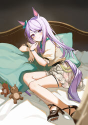  1girl absurdres animal_ears bed belt black_belt black_shoes bow bracelet character_doll closed_mouth commentary_request doll ear_bow floral_print floral_print_skirt green_bow grey_skirt high_heels highres horse_ears horse_girl horse_tail jewelry long_hair looking_at_viewer lying mejiro_mcqueen_(umamusume) on_bed on_side pillow print_skirt puffy_short_sleeves puffy_sleeves purple_hair renard_(pixiv_13710050) shirt shoes short_sleeves silence_suzuka_(umamusume) skirt smile solo tail tokai_teio_(umamusume) umamusume violet_eyes yellow_shirt 