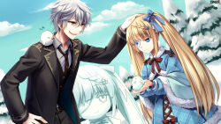  1boy 1girl animal_on_shoulder bird bird_on_shoulder black_coat black_necktie black_vest blonde_hair blue_coat blue_eyes bow braid coat copyright_name dairoku_ryouhei day eyepatch fur-trimmed_coat fur_trim grey_hair headpat highres long_hair long_sleeves lucy_bluebell motomori_(tw) necktie oboro_yue outdoors smile snow snow_sculpture tree twintails vest 
