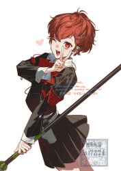  1girl armband black_jacket black_skirt bow bowtie brown_hair cowboy_shot earphones_removed from_side gekkoukan_high_school_uniform heart highres holding holding_polearm holding_weapon jacket kitsune_(ly_howe) long_sleeves looking_at_viewer one_eye_closed open_mouth persona persona_3 persona_3_portable pleated_skirt polearm red_armband red_bow red_bowtie red_eyes s.e.e.s school_uniform shiomi_kotone shirt short_hair simple_background skirt solo v watermark weapon white_background white_shirt wing_collar 