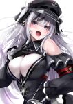  1girl absurdres azur_lane black_corset black_dress black_headwear black_ribbon blush breasts clothing_cutout collared_dress corset cross dress elbe_(azur_lane) eyebrows_behind_hair fang frilled_dress frills hair_between_eyes hair_ribbon hand_on_hip hand_on_own_chest hat highres iron_cross large_breasts layered_dress leotard looking_at_viewer multicolored_hair open_mouth peaked_cap red_armband ribbon shimofuji_jun shoulder_cutout skin_fang smile solo streaked_hair twintails underboob_cutout upper_body violet_eyes white_hair white_leotard 