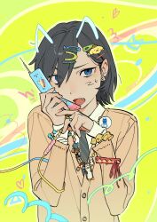  1girl absurdres bddd777 black_hair blue_eyes brown_cardigan cardigan cellphone charm_(object) commentary drawn_ears facial_mark fang flip_phone green_background hair_ornament hairclip heart heart_facial_mark highres holding holding_phone looking_at_viewer miyagi_shiori open_mouth phone scrunchie shirt short_hair shuuniichido_classmate_wo_kau_hanashi solo upper_body white_shirt wrist_scrunchie 