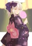 1girl :&gt; alternate_costume artoria_pendragon_(all) black_kimono breasts commentary eyebrows_visible_through_hair fate/grand_order fate/stay_night fate_(series) floral_print highres japanese_clothes kimono medium_breasts nekodaruma_new saber_alter sack short_hair sidelocks simple_background solo white_background