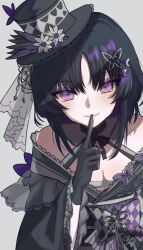  1girl absurdres bare_shoulders black_gloves black_hair black_hat black_kimono butterfly_hair_ornament butterfly_hat_ornament checkered_sleeves chest_sarashi commentary_request dress finger_to_mouth flower frilled_sleeves frills furisode gloves hair_ornament hat hat_flower hat_ornament highres housho_margo japanese_clothes kimono lolita_fashion long_sleeves looking_at_viewer mahou_shoujo_no_majo_saiban neck_ribbon off-shoulder_dress off_shoulder riana36 ribbon sarashi short_hair shushing simple_background smile solo top_hat upper_body violet_eyes wa_lolita white_background wide_sleeves 