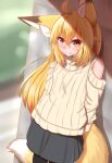  1girl ahoge animal_ear_fluff animal_ears arms_behind_back bangs bare_shoulders black_legwear black_skirt blonde_hair blush clothing_cutout cowboy_shot day eyebrows_visible_through_hair eyes_visible_through_hair fang fang_out fox_ears fox_girl fox_tail hair_between_eyes hair_over_shoulder highres horokusa_(korai) korai_(horokusa) leaning long_hair looking_at_viewer miniskirt orange_eyes pleated_skirt shadow shoulder_cutout skirt smile solo standing sweater tail turtleneck turtleneck_sweater 