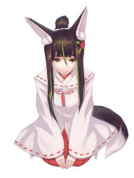 1girl alternate_costume alternate_hairstyle animal_ear_fluff animal_ears black_hair blunt_bangs bowing closed_mouth commentary_request drghmkn flower fox_ears fox_tail green_hair hair_flower hair_ornament highres japanese_clothes kitsunegasaki_tametsugu long_hair miko multicolored_hair ponytail seiza sidelocks simple_background sitting solo tail tenka_hyakken two-tone_hair yellow_eyes 