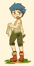  1boy alternate_costume blue_hair boots brown_boots commentary_request dirty green_shorts grey_shirt handkerchief holding holding_handkerchief male_focus motimamire open_mouth red_eyes red_socks sekaiju_no_meikyuu sekaiju_no_meikyuu_1 shirt short_hair shorts simple_background sleeveless sleeveless_shirt socks solo sweat swordsman_(sekaiju) swordsman_1_(sekaiju) teeth twisted_torso upper_teeth_only white_background 
