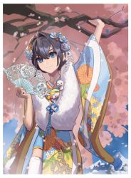  1girl absurdres bird black_hair blue_eyes blue_flower blue_rope blue_sky border boros_(ouro_kronii) cherry_blossoms closed_mouth commentary commission dotr_art double-parted_bangs english_commentary feather_boa floral_print floral_print_kimono flower flower_knot furisode gear_print hair_between_eyes hair_flower hair_intakes hair_ornament hand_fan hand_on_tree highres holding holding_fan hololive hololive_english japanese_clothes kanzashi kikumon kimono mountain obi obiage obijime official_alternate_costume official_alternate_hairstyle orange_flower ouro_kronii ouro_kronii_(new_year) paper_fan print_kimono rope sash short_hair side_slit sky smile snake snake_print thigh-highs tsumami_kanzashi virtual_youtuber white_border white_flower white_snake white_thighhighs wide_sleeves |_| 