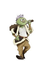  1boy artist_request belt black_jacket brown_belt brown_pants brown_shoes club_(weapon) collarbone colored_skin full_body fur-trimmed_jacket fur_trim goblin gobta_(tensura) green_skin grey_hair hand_on_own_hip hand_up holding holding_club holding_weapon jacket looking_at_viewer male_focus official_art open_clothes open_jacket pants second-party_source sharp_teeth shirt shoes short_hair short_sleeves simple_background slit_pupils smile solo standing teeth tensei_shitara_slime_datta_ken transparent_background weapon white_shirt 