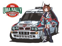  1girl absurdres animal_ears black_boots black_gloves black_shirt black_skirt black_thighhighs blue_jacket boots brown_hair car closed_mouth commentary_request ear_ribbon fanny_pack fingerless_gloves garter_straps gloves headphones headphones_around_neck highres horse_ears horse_girl horse_tail jacket lancia_(brand) lancia_delta_hf_integrale martini medium_hair michelin miniskirt motor_vehicle open_clothes open_jacket pleated_skirt race_vehicle racecar rainforce red_eyes red_ribbon ribbon shirt simple_background skirt smile solo standing tail thigh-highs transcend_(umamusume) transcend_(zoku-zoku_gizmo)_(umamusume) umamusume vehicle_focus white_background 