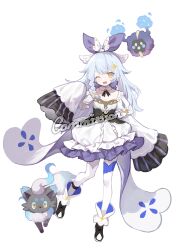  1girl :d ;d absurdres ankle_cuffs asymmetrical_legwear black_dress black_shoes blue_hair blue_thighhighs blush braid chinese_commentary commentary_request commission creature detached_collar dress fangs fox full_body hair_ornament hair_ribbon hand_up highres long_single_sidelock long_sleeves looking_at_viewer lower_leg_strap miyayoki multicolored_dress multicolored_thighhighs neck_ribbon one_eye_closed open_mouth original pointy_ears purple_dress purple_ribbon ribbon shoes single_braided_sidelock skin_fangs sleeves_past_fingers sleeves_past_wrists smile solo standing star_(symbol) star_hair_ornament striped_sleeves tachi-e thigh-highs two-tone_ribbon two-tone_thighhighs watermark white_background white_dress white_ribbon white_thighhighs wide_sleeves yellow_eyes 