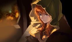  1girl black_shirt blue_eyes brown_jacket commentary expressionless from_side highres hood hooded_jacket jacket jean_grey korean_commentary long_hair marvel ppuyo0v0 red_hair shirt solo spider-man:_brand_new_day spider-man_(series) translated x-men 