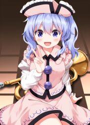  1girl blue_hair breasts commentary_request completion_time hair_between_eyes hat highres instrument juliet_sleeves long_hair long_sleeves looking_at_viewer medium_breasts merlin_prismriver on_floor open_mouth pink_hat pink_skirt pink_vest puffy_sleeves ruu_(tksymkw) sitting skirt skirt_set solo touhou trumpet v vest violet_eyes 