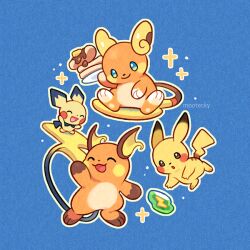  alolan_raichu arm_up artist_name blue_background blue_eyes brown_eyes closed_eyes english_commentary evolution_stone evolutionary_line food full_body mootecky no_humans open_mouth pichu pikachu pokemon pokemon_(creature) pokemon_focus raichu smile sparkle tail thunder_stone 