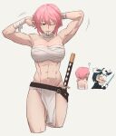  2girls ? abs absurdres alchemy_stars armpits arms_up bandaged_arm bandaged_neck bandages bandeau bangs belt black_belt breasts chest_sarashi commentary cropped_legs fundoshi grey_background hair_between_eyes hair_tie_in_mouth highres hiiro_(alchemy_stars) japanese_clothes katana kimmy_tsunami medium_breasts midriff mouth_hold multiple_girls muscular navel one_eye_closed pink_hair sarashi sharona_(alchemy_stars) short_hair simple_background standing stomach strapless sword thighs tube_top violet_eyes weapon wrist_wrap 