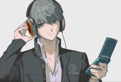  1boy black_jacket cellphone closed_mouth flip_phone grey_background grey_eyes headphones holding holding_phone houndstooth jacket looking_to_the_side male_focus narukami_yu open_clothes open_jacket persona persona_4 phone school_uniform shirt short_hair simple_background smile solo white_shirt yasogami_school_uniform ykim01989882 