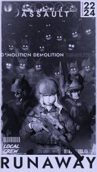  absurdres berserk bolt_action closed_mouth combat_helmet cover crazy_smile english_text fyugins_png griffith_(berserk) gun helmet highres holding holding_gun holding_weapon long_hair military military_uniform monochrome monster moon multiple_boys remington_model_700 rifle russian_ground_forces scope skull smile sniper_rifle weapon white_hair 