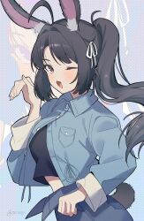  1girl absurdres ahoge animal_ears awa_subaru black_hair black_shirt blue_jacket blue_pants blush commentary_request denim girls_band_cry hair_ribbon highres jacket jeans kemonomimi_mode kuji_(orca9ji) long_hair long_sleeves looking_at_viewer open_mouth pants parted_bangs ponytail rabbit_ears rabbit_girl rabbit_tail ribbon shirt sidelocks simple_background solo tail violet_eyes 