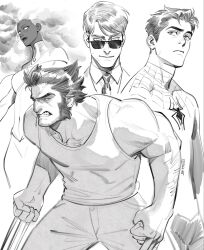 1girl 3boys animal_print bodysuit claw_(weapon) daredevil_(series) etceteraart highres lineart marvel matt_murdock monochrome multiple_boys muscular muscular_male peter_parker print_bodysuit silk sketch spider-man spider-man_(series) spider_print spider_web spiky_hair storm_(x-men) sunglasses superhero_costume weapon wolverine_(x-men) x-men 