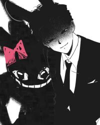  1boy 1girl animal_ears animal_hospital_(roblox) black_eyes black_hair black_jacket bow brother_and_sister bul_jelly commentary_request hair_bow humanization jacket korean_commentary monster pink_bow ratthew_(animal_hospital) rattina_(animal_hospital) roblox shaded_face short_hair siblings simple_background upper_body very_short_hair white_background 