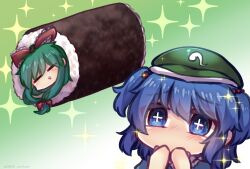  2girls blue_eyes blue_hair blush bow closed_eyes commentary_request covering_own_mouth food frilled_bow frills gradient_background green_background green_hair green_hat hair_bow hat kagiyama_hina kawashiro_nitori long_hair makizushi multiple_girls one-hour_drawing_challenge plus_sign red_bow sparkle sushi touhou two_side_up unime_seaflower 