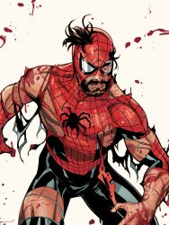  1boy artist_collaboration beard black_bodysuit blood bodysuit brown_hair facial_hair highres looking_at_viewer marvel multicolored_bodysuit peter_parker rachel_dodson red_bodysuit simple_background solo spider-man spider-man_(series) terry_dodson torn_bodysuit torn_clothes two-tone_bodysuit white_background 