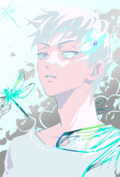  1boy alien_stage aqua_eyes birthday bug chinese_commentary commentary dragonfly grey_eyes grey_hair highres looking_up male_focus parted_lips portrait seppuku009 shirt short_hair solo till_(alien_stage) very_short_hair white_shirt 